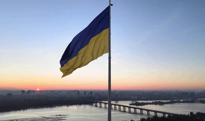 The Ukrainian flag flying over Kyiv.
