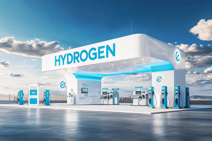 Stock image of a futuristic hydrogen powered service station
