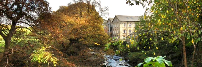 Large mill building glimpsed through the trees