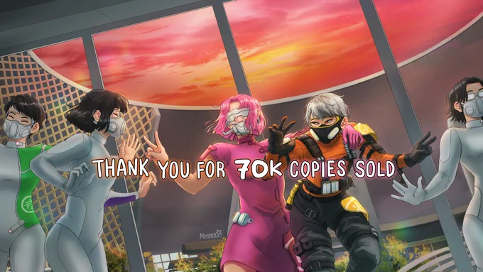 Healer and BBF, and the shell sisters dancing in the bar, with "Thank you for 70k copies sold" as text
