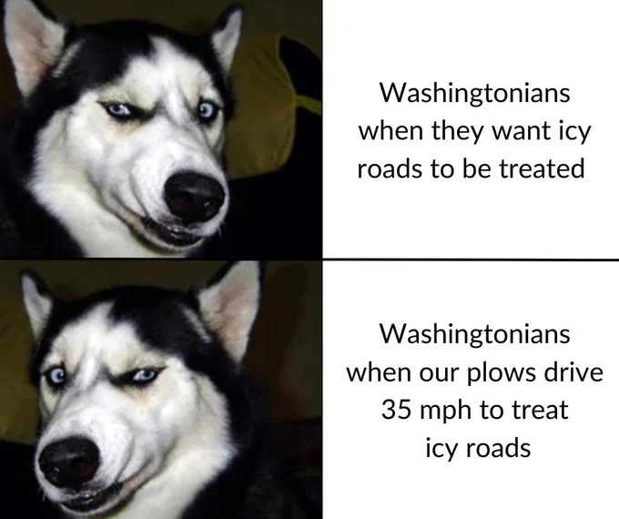Two meme photos of the sideyeing husky dog stacked on top of one another. One caption next to the top photo says Washingtonians when they want icy roads to be treated. The caption below next to the same meme says Washingtonians when our (WSDOT's) plows drive 35 miles per hour to treat icy roads.