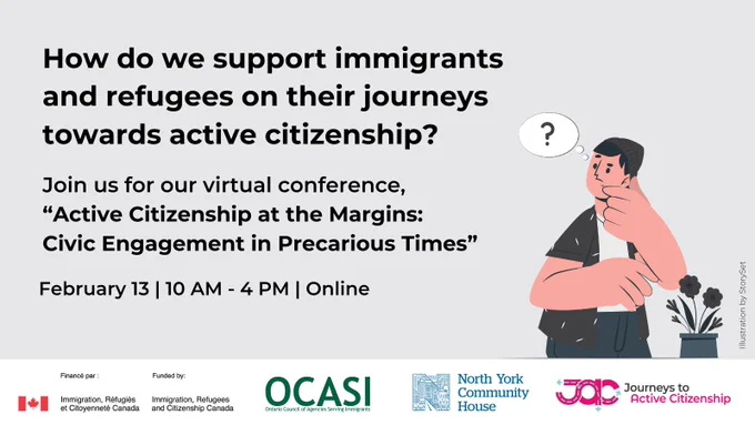 Advertisement for a virtual conference on active citizenship for immigrants and refugees with logos and a cartoon illustration of a pondering person.