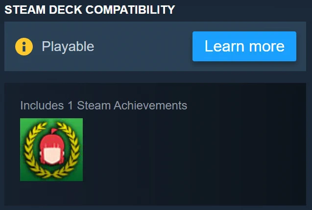 A screenshot of the steam store page for MetaWare High School (Demo) listing the game with a "Playable" steam deck compatibility alongside an irrelevant achievement not related to steam deck compatibility.
