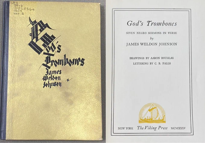 Photo of cover and title page of 1927 book God's Trombones by James Weldon Johnson. Cover is gold with back lettering.
