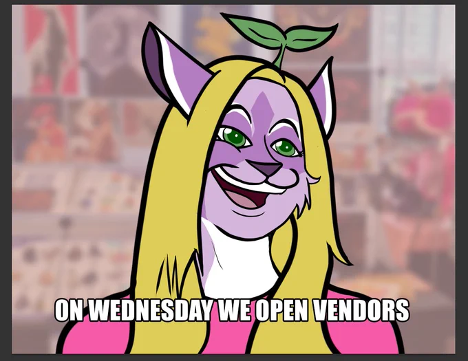 Joy in the Eufuria vendor hall, drawn in the style of Mean Girls character Karen Smith saying "on Wednesday we open vendors" 