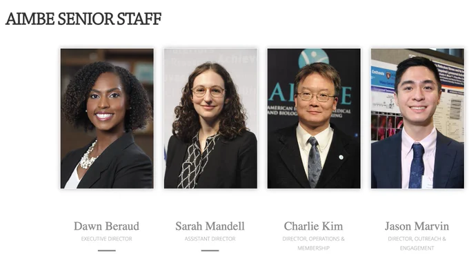 A screen capture of the AIMBE Senior Staff page on their website, which now shows Jason Marvin as the Director of Outreach & Engagement.