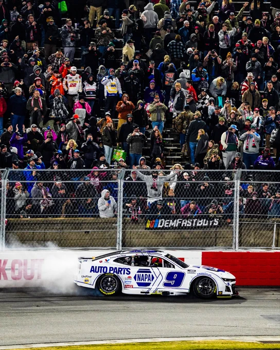 Chase Elliott does a burnout along the wall at Bowman Gray Stadium.