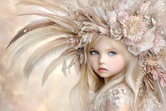 Create a [Subject: who, where, what...] [Doing what? When?] in a dreamy, rustic composition with warm earthy tones like soft golds, muted browns, and pastel pinks. Incorporate intricate natural details such as feathers, flowers, or delicate textures, blending surreal elements with an ethereal glow. Use soft, diffused lighting to enhance the whimsical and elegant feel. The scene should evoke a fairytale-like atmosphere with a balance of rustic charm and fantasy-inspired aesthetics.