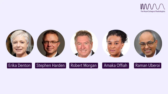 Headshots of five candidates running to be President of The Royal College of Radiologists, featuring Erika Denton, Stephen Harden, Robert Morgan, Amaka Offiah, and Raman Uberoi, displayed in a row against a light background.