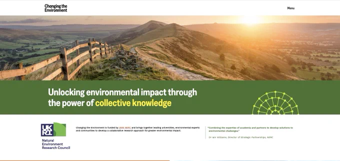 A screenshot of the Natural Environment Research Council (NERC) – UKRI website home page with a British landscape filling the page and a sunrise in the distance. 