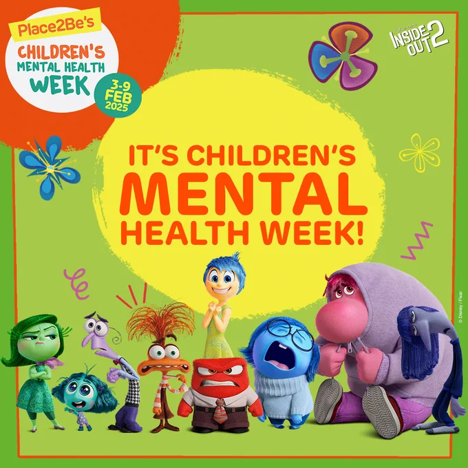 Promotional graphic for Children's Mental Health Week, February 3-9, 2025, featuring characters from Pixar's 'Inside Out.' The vibrant image includes characters celebrating the event, with colorful decorations and text announcing the week.