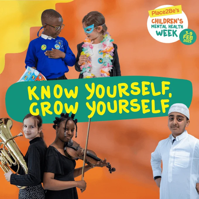 Promotional image for Place2Be's Children's Mental Health Week featuring five diverse children engaged in various activities like playing musical instruments and wearing crafty outfits, with text 'Know Yourself, Grow Yourself' displayed.