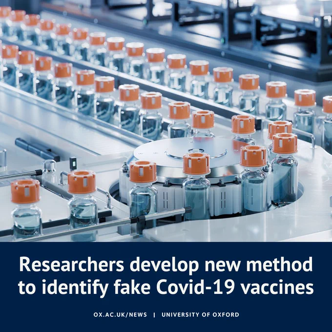 Conveyor belt at a production facility with multiple vials of vaccines, as highlighted by the University of Oxford's news about a new method to identify counterfeit vaccines.