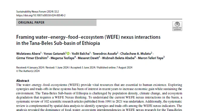 Screenshot of the research paper "Framing water-energy-food-ecosystem (WEFE) nexus interactions in the Tana-Beles Sub-basin of Ethopia