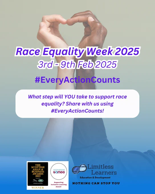 🌍 #RaceEqualityWeek2025: #EveryActionCounts 🌍

At Limitless Learners, we believe in action, not just words. From 3-9 Feb, we’re breaking barriers, uplifting minoritised voices & empowering young people through education, coaching & social justice.

Race equality isn’t optional—it’s necessary. Join us!

📖 Read more here: https://www.facebook.com/share/p/15xtoQtjCS/

#LL #SocialJustice #Neurodiversity #EmpowerYouth #InclusiveEducation