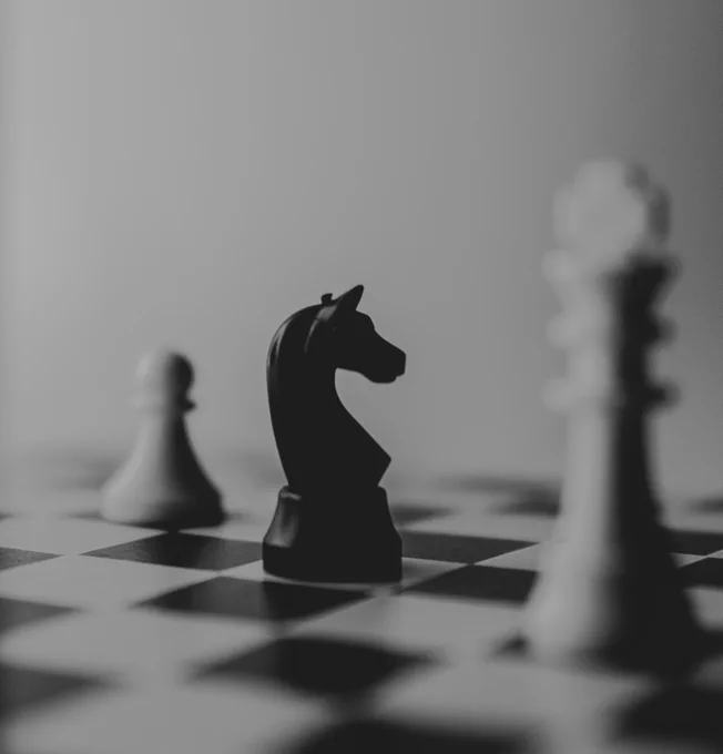 A black and white image of a chess board, with three pieces (a white pawn, a black knight, and a white king) on it. 