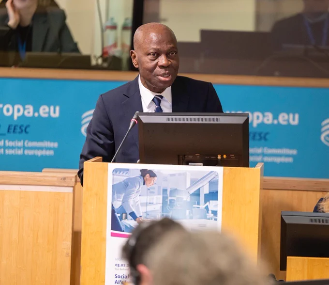 ILO Director-General, Gilbert F. Houngbo, speaks at the European Economic and Social Committee (EESC) and ILO Conference on
Social Justice in the Digital Era: AI's Impact on the Labour Market. 
