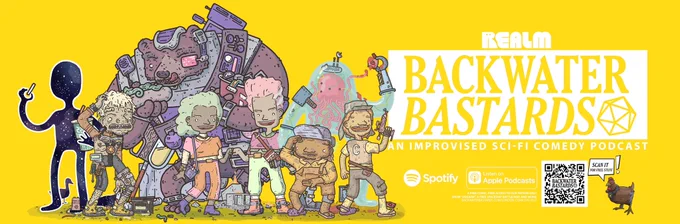 Yellow Backwater bastards banner featuring character art by @bodieh