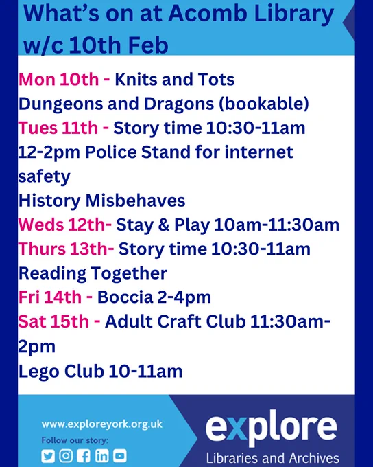 Mon 10th - Knits and Tots 
Dungeons and Dragons (bookable)
Tues 11th - Story time 10:30-11am
12-2pm Police Stand for internet safety
History Misbehaves
Weds 12th- Stay & Play 10am-11:30am
Thurs 13th- Story time 10:30-11am
Reading Together
Fri 14th - Boccia 2-4pm
Sat 15th - Adult Craft Club 11:30am-2pm
Lego Club 10-11am