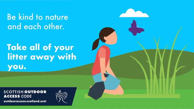 Illustration of a person holding a full black bag in a green space with a butterfly in the sky nearby. Text on image: Be kind to nature and each other. Take all of your litter away with you.