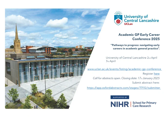 Don’t miss the #AcademicGP Early Career Conference 2025 at @UniLancs, 2–3 April! 🎓 A must for GP trainees and early-career academics passionate about #Research.   

Secure your spot today: https://www.uclan.ac.uk/events/listing/academic-gp-conference

Deadline for registration: 3rd April 2025  
#GPTraining

