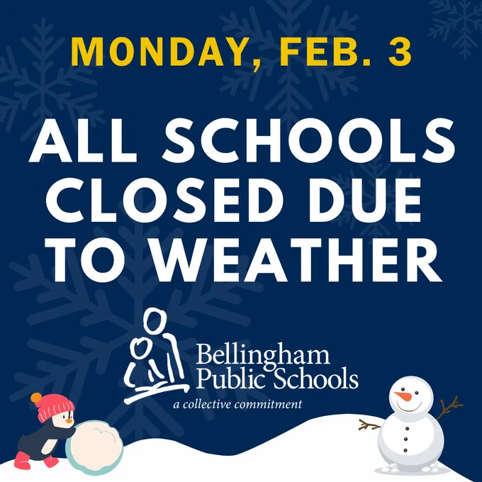 Snow day graphic reading Monday, Feb. 3 All School Closed Due To Weather with BPS logo and illustrations of snow