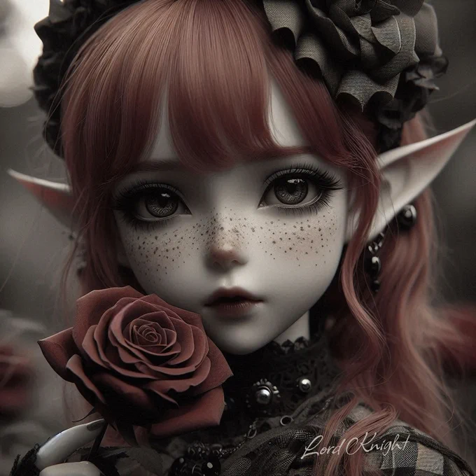 Close-up portrait of a little forest elf girl with red hair and freckles kissing a rose, featuring subtle Gothic references. The scene blends a strong sense of realism with anime-inspired character design, utilizing a palette dominated by shades of gray and crimson. The composition evokes the elegance of black-and-white portraiture set against a detailed and atmospheric backdrop.