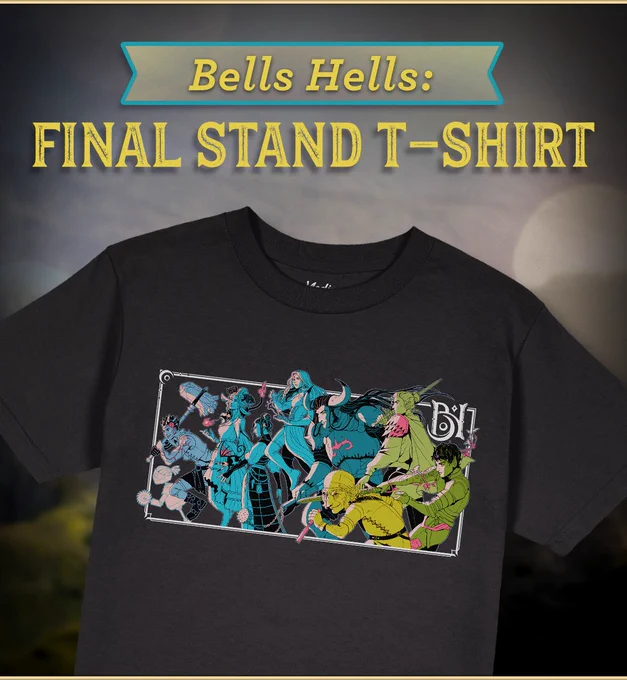A fabulous Bells Hells Final Stand Tshirt featuring all the members of the adventuring party led by Fresh Cut Grass in a stunning screen print sits against a neutral background in this graphic  