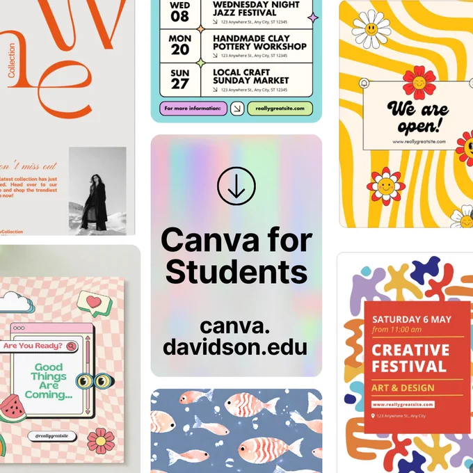 This image contains a collage of various event posters, announcements, and promotional designs, with a central focus on “Canva for Students” at canva.davidson.edu. The posters showcase different styles, including modern, retro, and artistic themes, covering events like festivals, workshops, and business promotions.