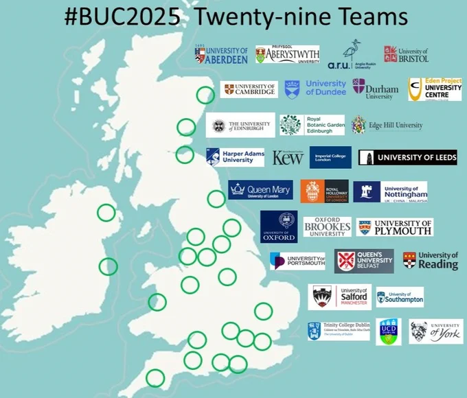 Outline map of UK and Ireland with logos of all 29 institutions where the teams come from.