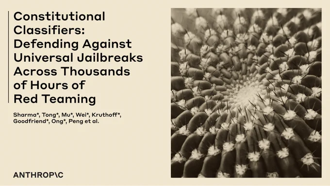 Title card for the paper entitled "Constitutional Classifiers: Defending Against Universal Jailbreaks Across Thousands of Hours of Red Teaming"