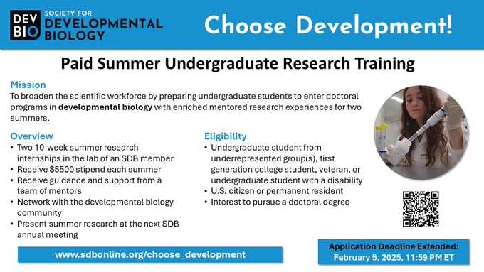 Society for Developmental Biology Logo - Choose Development
Paid Summer Undergraduate Research Training
Mission
To broaden the scientific workforce by preparing undergraduate students to enter doctoral programs in developmental biology with enriched mentored research experiences for two summers.
Overview
Two 10-week summer research internships in the lab of an SDB member
Receive $5500 stipend each summer
Receive guidance and support from a team of mentors
Network with the developmental biology community
Present summer research at the next SDB annual meeting
Eligibility
Undergraduate student from underrepresented group(s), first generation college student, veteran, or undergraduate student with a disability
U.S. citizen or permanent resident
Interest to pursue a doctoral degree
Photo of woman in lab coat pipetting a solution
QR Code to Choose Development website
Application Deadline Extended: February 5, 2025, 11:59 PM ET
www.sdbonline.org/choose_development