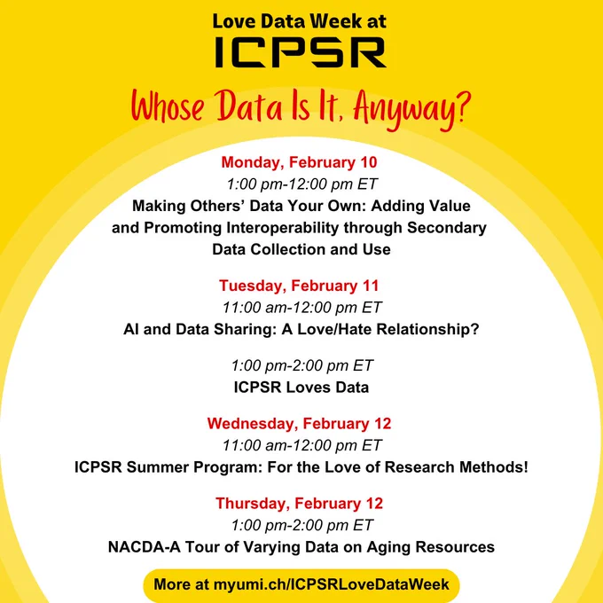 Image with the text "Love Data Week at ICPSR' and 'Whose Data is it Anyway?'" Below is a list of webinars hosted by ICPSR.