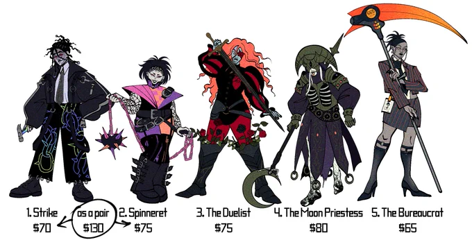 Lineup of vampire characters. 1) Strike — lanky black vampire with vitiligo, they have messy locs with jewelry and bright red eyes. They're dressed in a big puffy jacket, they hold a hammer and are grinning 2) Spinneret — short fat asian vampire with a messy skullet, she has tattoos on her scalp. She's dressed goth but with bright-colored details. She has 4 irises in each of her eyes. She's holding a chain weapon that ends with a spiked metal heart 3) The Duelist — pale black vampire with long wavy ginger hair and an eyepatch. She's holding a long black sword with golden details. She's dressed in a black and red doublet and tall boots with roses in them. 4) The Moon Priestess — an elderly vampire wearing a moon helmet hiding her face and tattered patterned clothes with armor. Her ribcage is visible and she's holding a spear with a sickle tip. 5) The Bureaucrat — a pale black vampire woman dressed as a stylish office worker in glasses, she's holding a giant scythe with a mini-screen