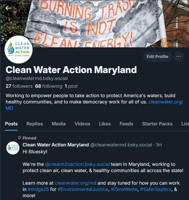 Screenshot of cleanwatermd bluesky account, with banner image that says "Burning trash is not clean energy"