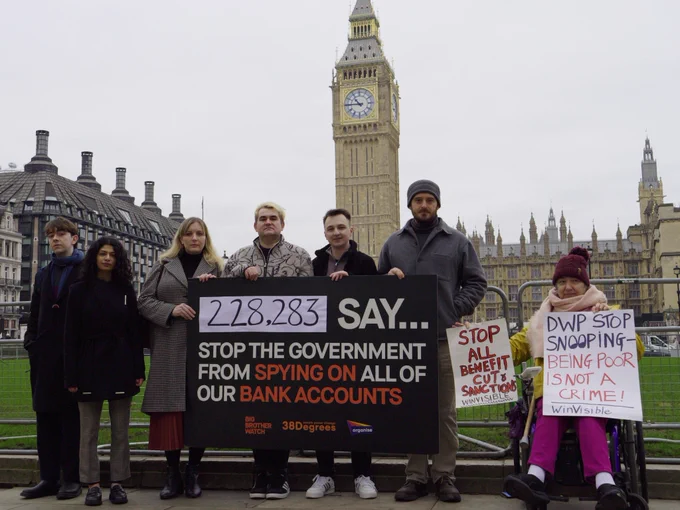 Image of Big Brother Watch and Winvisible campaigners outside Parliament