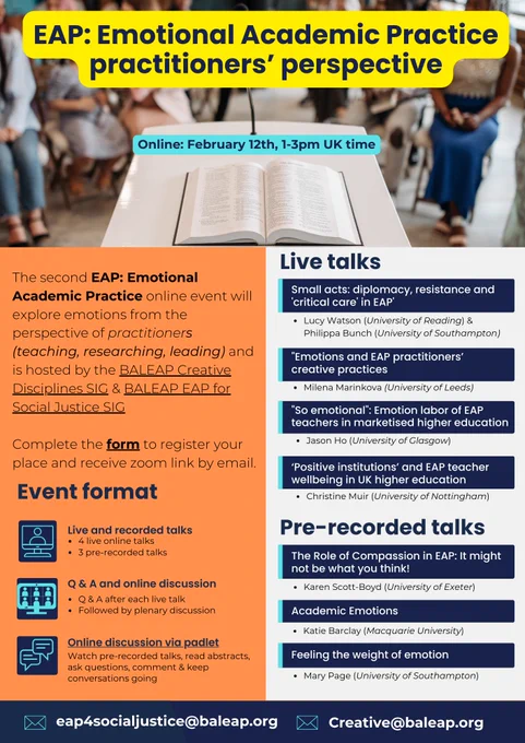 Poster for EAP: Emotional Academic Practice event. If the information is not accessible for you and you’d like details of talks please email creative@baleap.org