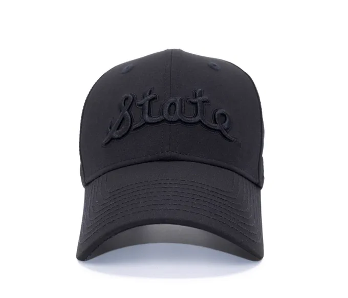 all-black Michigan State hat features 3D embroidered cursive "State" logo on the front and custom underbill and lining print