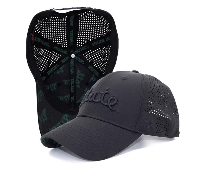 all-black Michigan State hat features 3D embroidered cursive "State" logo on the front and custom underbill and lining print