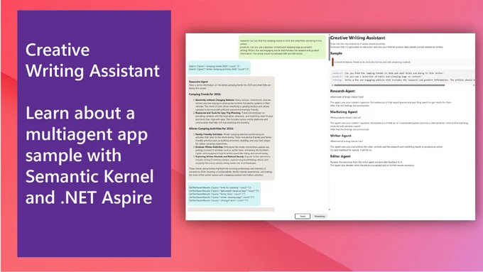 Screen capture of the Creative Writing Assistant.
text reads: Guest Blog: Creative Writing Assistant – a multi-agent app sample with Semantic Kernel & .NET Aspire