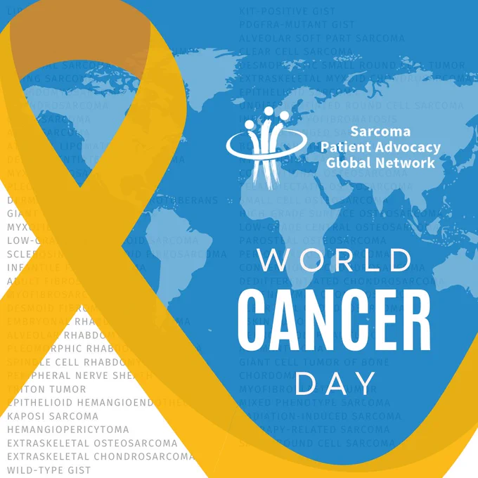 A graphic promoting World Cancer Day for Sarcoma Patient Advocacy Global Network showing a transparent world map with a large yellow ribbon and types of sarcomas listed behind.