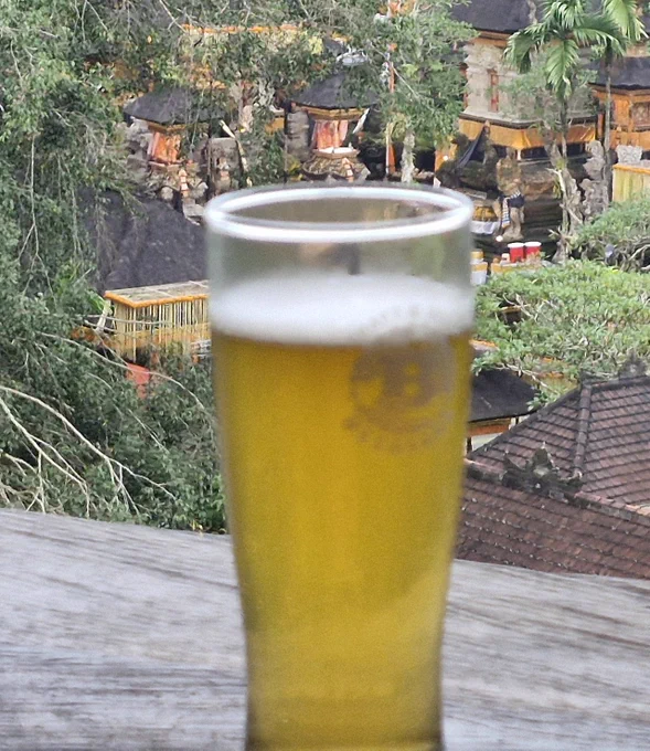 A glass of beer with trees and small buildings in background.