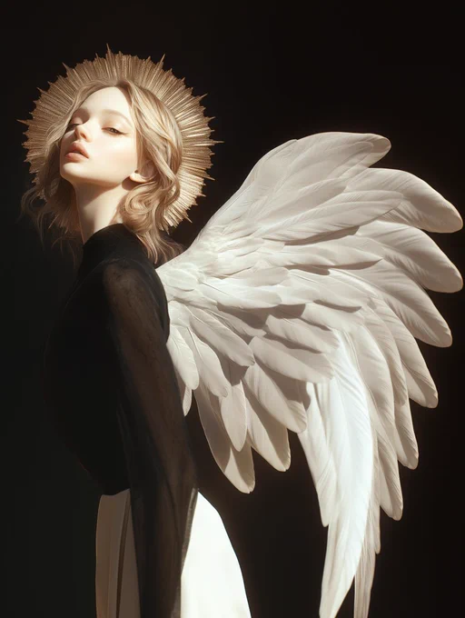 A beautiful, female angel with white wings, in a photorealistic style, set against a black background. This is a head and shoulders portrait, hyper-realistic textures, hd, in a fantasy art style. --chaos 10 --ar 3:4 --style raw --stylize 200 --profile pfdd8br