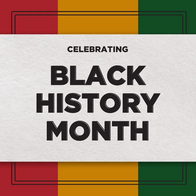 Graphic with text "Celebrating Black History Month" centered on a background with Pan-African flag colors: red, yellow, and green.