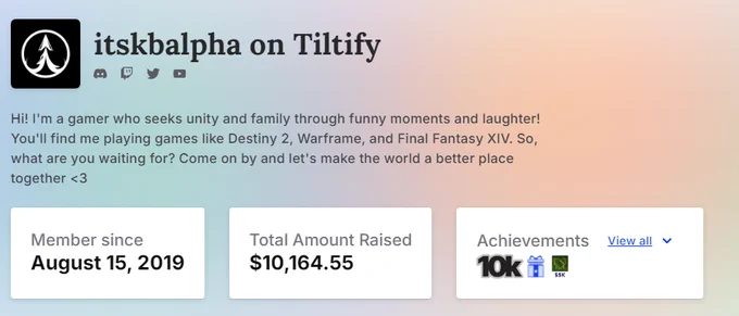 A screenshot taken from ItsKBAlpha's Tiltify profile, showcasing his achievement of over $10,000 raised for charity since he joined Tiltify back in August 15th, 2019. 

The profile reads: "Hi! I'm a gamer who seeks unity and family through funny moments and laughter! You'll find me playing games like Destiny 2, Warframe, and Final Fantasy XIV. So, what are you waiting for? Come on by and let's make the world a better place together <3"