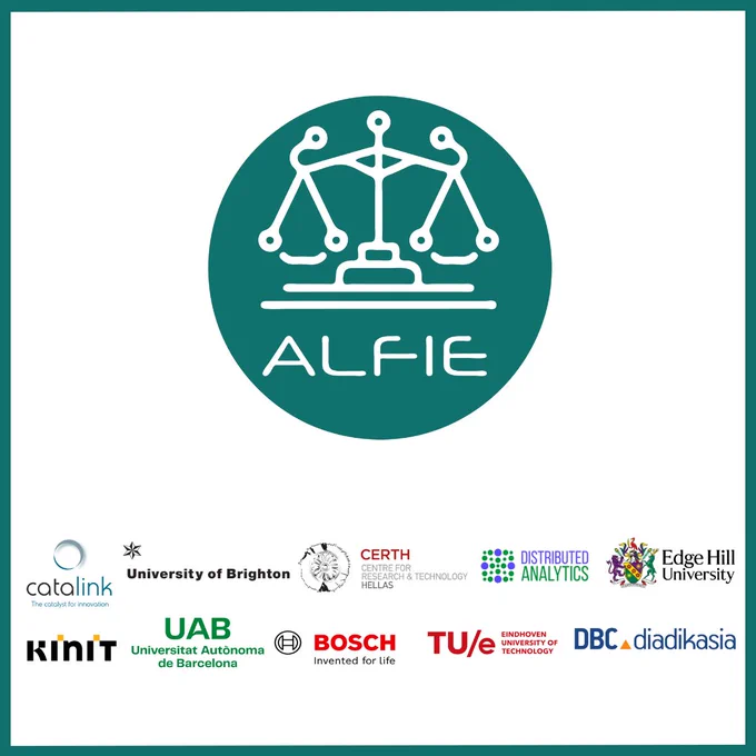 The ALFIE project logo, a green circle with a white outline of a balanced scale, is centred. Surrounding it are logos of ten partner organisations: Catalink, University of Brighton, CERTH, Distributed Analytics, Edge Hill University, KInIT, UAB, Bosch, TU/e Eindhoven University of Technology, and DBC diadikasia. These logos vary in size and format, representing a diverse group of academic, research, and industry partners collaborating on AI fairness and transparency. 