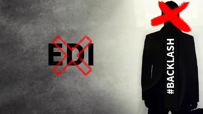 EDI letters in black crossed out with red X, silhouette of a person with red X over head with words #blacklash on back