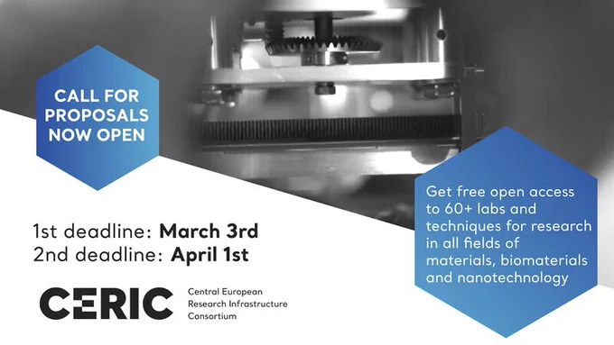 The image is a promotional graphic for the CERIC Call for Proposals. It features a close-up of a scientific instrument in the background, with blue and white geometric shapes overlaying the image. The text announces that the call for proposals is now open, with two deadlines: March 3rd and April 1st. It highlights the opportunity for free open access to 60  laboratories and research techniques in materials science, biomaterials, and nanotechnology. The CERIC (Central European Research Infrastructure Consortium) logo is displayed at the bottom.