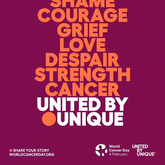 Graphic in support of World Cancer Day, featuring words like "SHAME, COURAGE, GRIEF, LOVE, DESPAIR, STRENGTH, CANCER" in various sizes on a purple background, along with the message "UNITED BY UNIQUE" and the website "worldcancerday.org" for sharing personal stories.