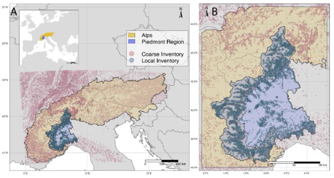 Maps of the (a) Alps and (b) Piedmont Region with occurrences of the local (Camerano et al., 2017) and broad inventory (EU-Forest; Mauri et al., 2017).